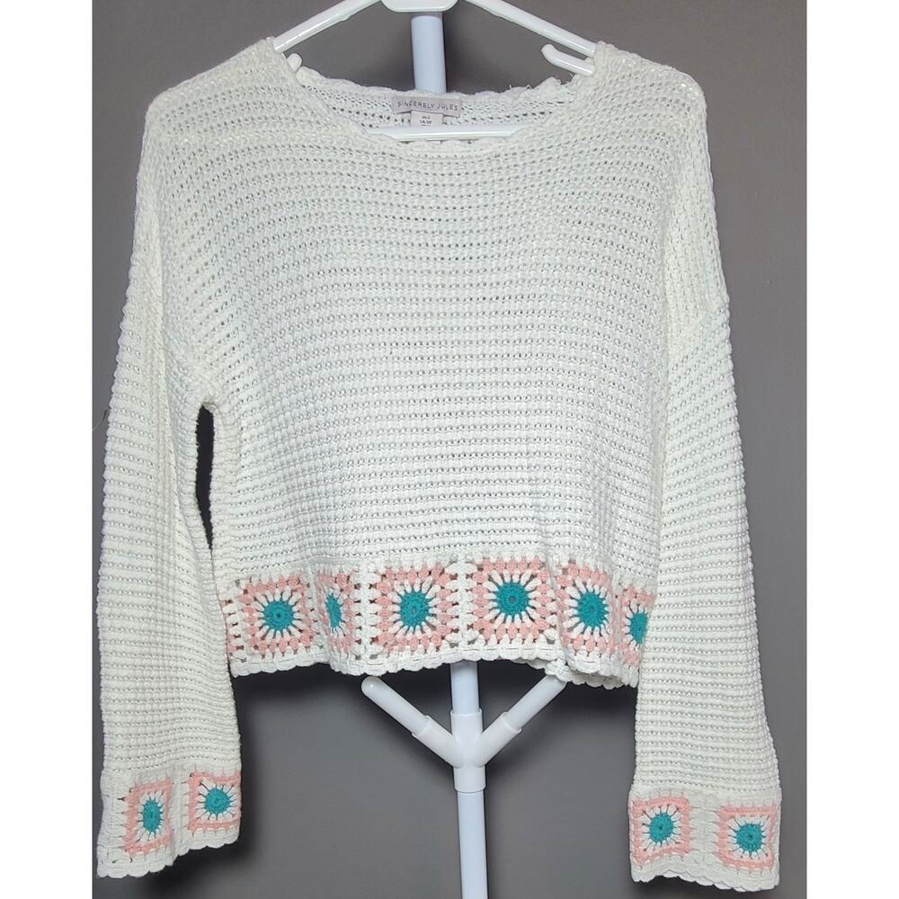 Sincerely Jules Crochet Boho Square Knit Crop Sweater pullover Women Sz Sm